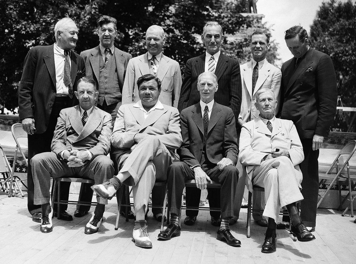 Baseball stars pictured as they attended the dedication and their induction into the Baseball Hall of Fame in Cooperstown, N.Y. Front row; Eddie Collins, Babe Ruth, Connie Mack, Cy Young; Rear row left to right; Hans Wagner, Grover Cleveland Alexander, Tris Speaker, Napoleon Lajoie, George Sisler, and Walter Johnson. (AP Photo)