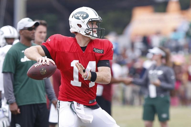 New York Jets quarterback Sam Darnold (14) prepares to pass the ball during joint practice with the Washington Redskins at Bon Secours Washington Redskins Training Center on Aug. 13, 2018. (Geoff Burke/USA Today Sports)