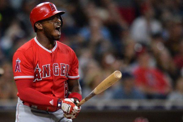 Los Angeles Angels left fielder Justin Upton reacts after popping out in the third inning against the San Diego Padres. (Jake Roth/USA Today Sports)