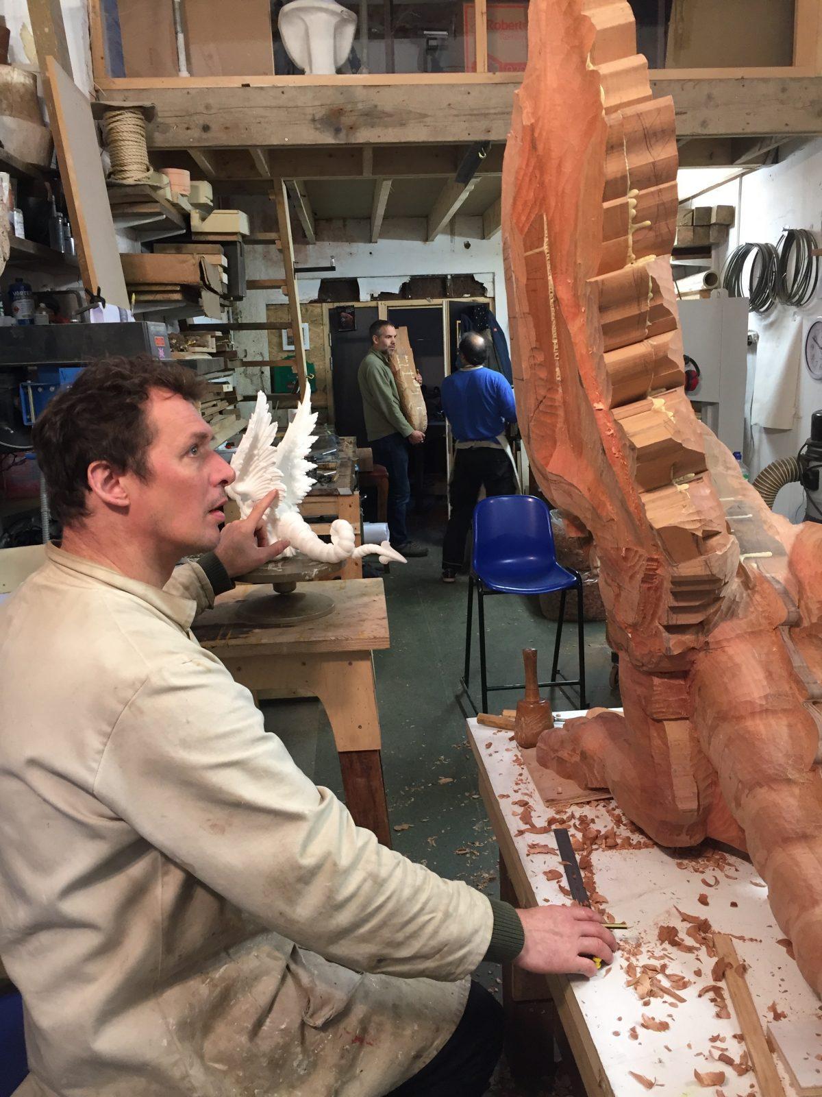 Robert Randall making sure each of the dragon’s features are carved as close to the 3D model as possible. (Sigridur Sigurdardottir )