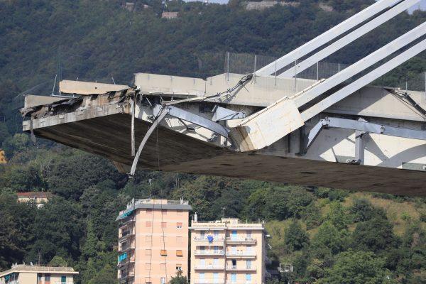 A picture shows the Morandi motorway bridge after it collapsed in Genoa on August 14, 2018. (Valery Hache/AFP/Getty Images)