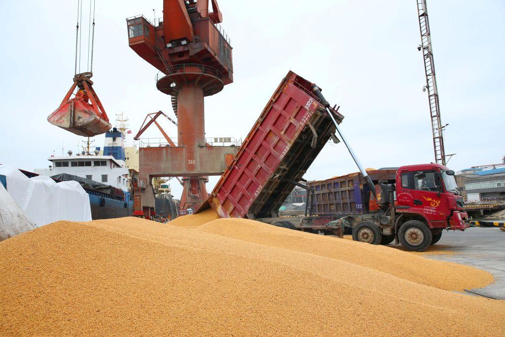 Workers load imported soybeans onto a truck at a port in Nantong in Jiangsu Province, China on April 4, 2018. (AFP/Getty Images)