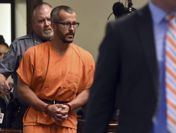 Christopher Watts is escorted into the courtroom before his bond hearing at the Weld County Courthouse on Thursday, Aug. 16, 2018, in Greeley, Colo. (Joshua Polson/The Greeley Tribune via AP, Pool)