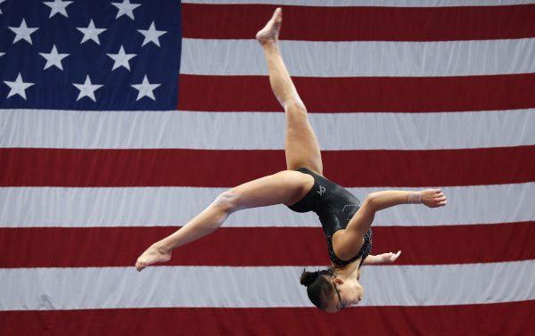 A file image of Morgan Hurd practicing on the balance beam during a training session at the U.S. Gymnastics Championships, Aug. 15, 2018, in Boston. (AP Photo/Elise Amendola)
