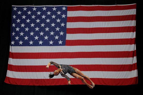 Simone Biles competes on the balance beam at the U.S. Gymnastics Championships in Boston, Mass., Aug. 17, 2018. (Reuters/Brian Snyder)