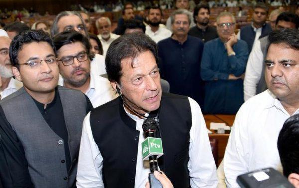 FILE PHOTO: Imran Khan (C), speaks after he was elected as Prime Minister at the National Assembly (Lower House of Parliament) in Islamabad, Pakistan, Aug. 17, 2018. (National Assembly Handout via Reuters)