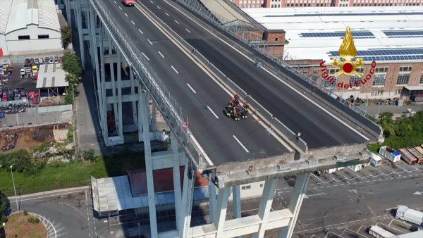 In this frame taken from a video released by the Vigili del Fuoco (Firefighters), an aerial view of the collapsed Morandi highway bridge, in Genoa, on Aug. 18, 2018. (AP/Vigil del Fuoco)
