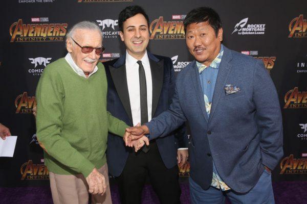 Stan Lee (L), Keya Morgan and actor Benedict Wong (R) attend the Los Angeles Global Premiere for Marvel Studios Avengers: Infinity War in Hollywood, Calif., on April 23, 2018. (Jesse Grant/Getty Images)