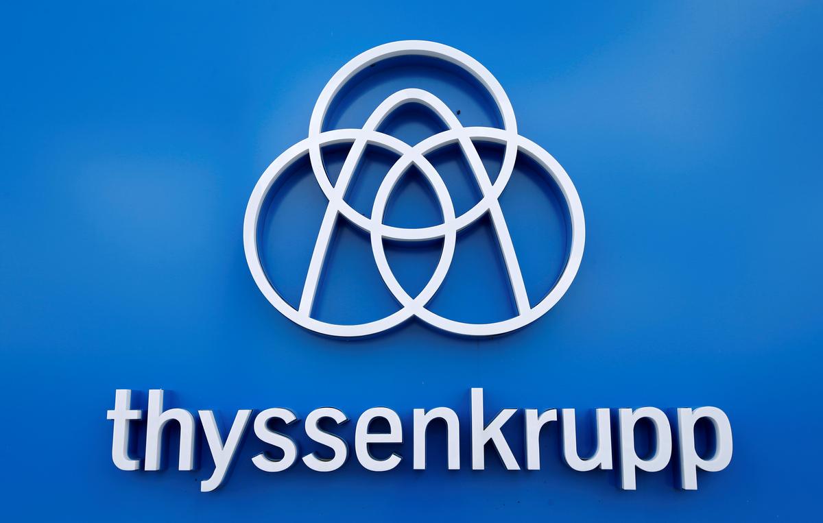 Thyssenkrupp's logo is seen close to an elevator test tower in Rottweil, Germany on Sept. 25, 2017. (Reuters/Michaela Rehle)