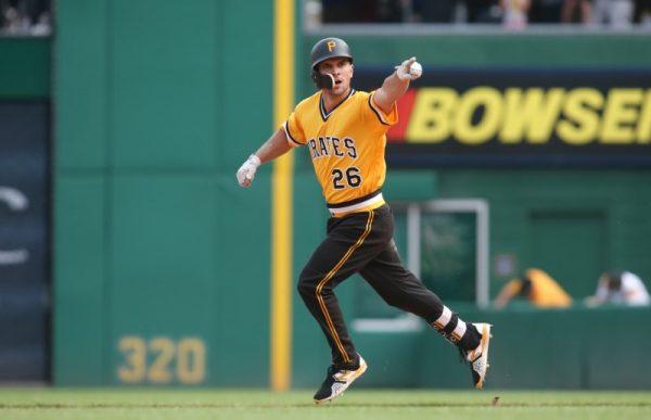 Pittsburgh Pirates left fielder Adam Frazier reacts after hitting a game winning solo home run against the Chicago Cubs during the eleventh inning. The Pirates won 2-1 in eleven innings. (Charles LeClaire/USA Today Sports)