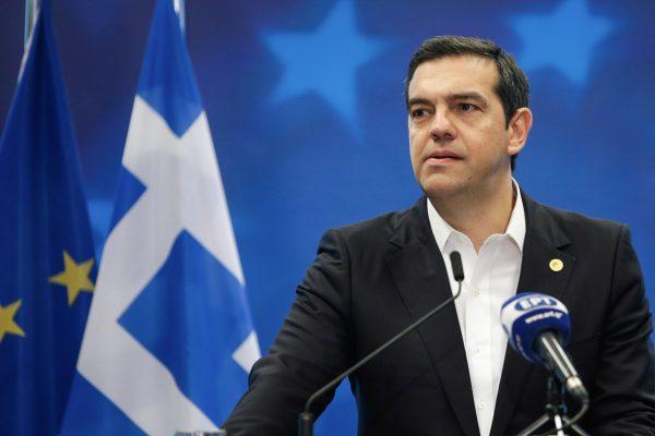Greece's Prime Minister Alexis Tsipras gives a press conference on the sidelines of the European Union leaders' summit, to discuss Brexit and eurozone reforms on June 29, 2018, at the Europa building in Brussels. (Aris Oikonomou /AFP/Getty Images)