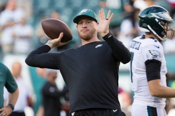 Philadelphia Eagles quarterback Carson Wentz throws the ball before a game against the Pittsburgh Steelers. (Bill Streicher/USA Today Sports)