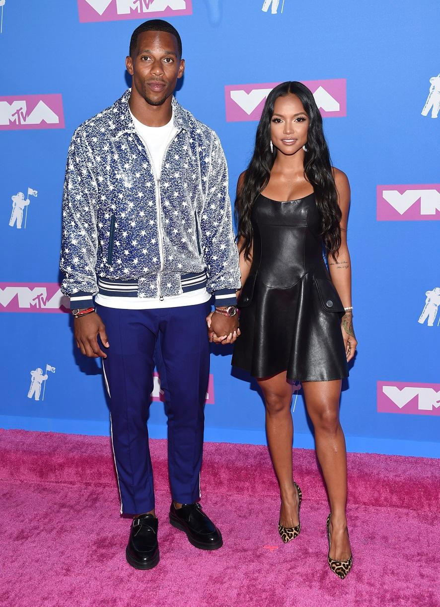 Victor Cruz (L) and Karrueche Tran arrive at the MTV Video Music Awards at Radio City Music Hall on Aug. 20, 2018, in New York. (Evan Agostini/Invision/AP)