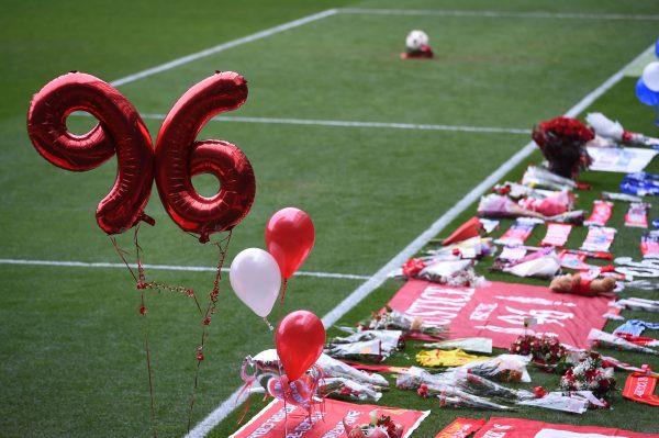 Balloons make the number '96' during a memorial service at Anfield in Liverpool, north west England on April 15, 2016, on the 27th anniversary of the Hillsborough Disaster.<br/>(Paul Ellis/AFP/Getty Images)