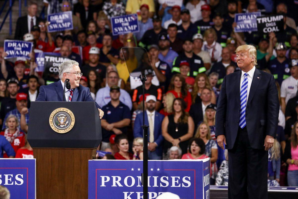 Republican Senate candidate Patrick Morrisey and President Donald Trump at a Make America Great Again rally in Charleston, W. Va., on Aug. 21, 2018. (Charlotte Cuthbertson/The Epoch Times)