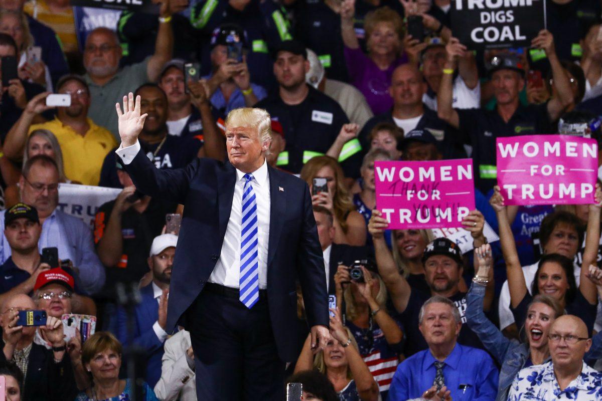 President Donald Trump at a Make America Great Again rally in Charleston, W. Va., on Aug. 21, 2018. (Charlotte Cuthbertson/The Epoch Times)