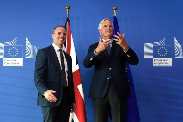 EU chief negotiator Michel Barnier (R) and Britain's Brexit secretary Dominic Raab give a joint press conference after their meeting at the European Commission in Brussels on Aug. 21, 2018. (John Thys/AFP/Getty Images)