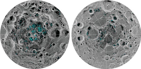 The image shows the distribution of surface ice at the Moon’s south pole (L) and north pole (R), detected by NASA’s Moon Mineralogy Mapper instrument. (NASA)