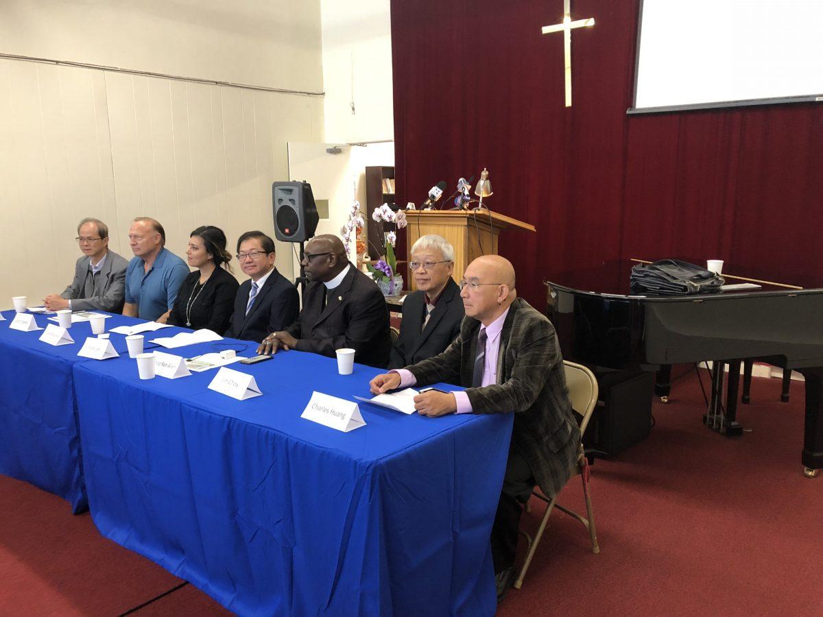  Rev. Wayne Lo, Scott Chipman, Faye Maloney, Frank Lee, Bishop Allen, Jim Chow, and Charles Huang attend a press conference opposing the opening of a facility for injecting illegal drugs in San Franciso. (Nathan Su/Epoch Times)
