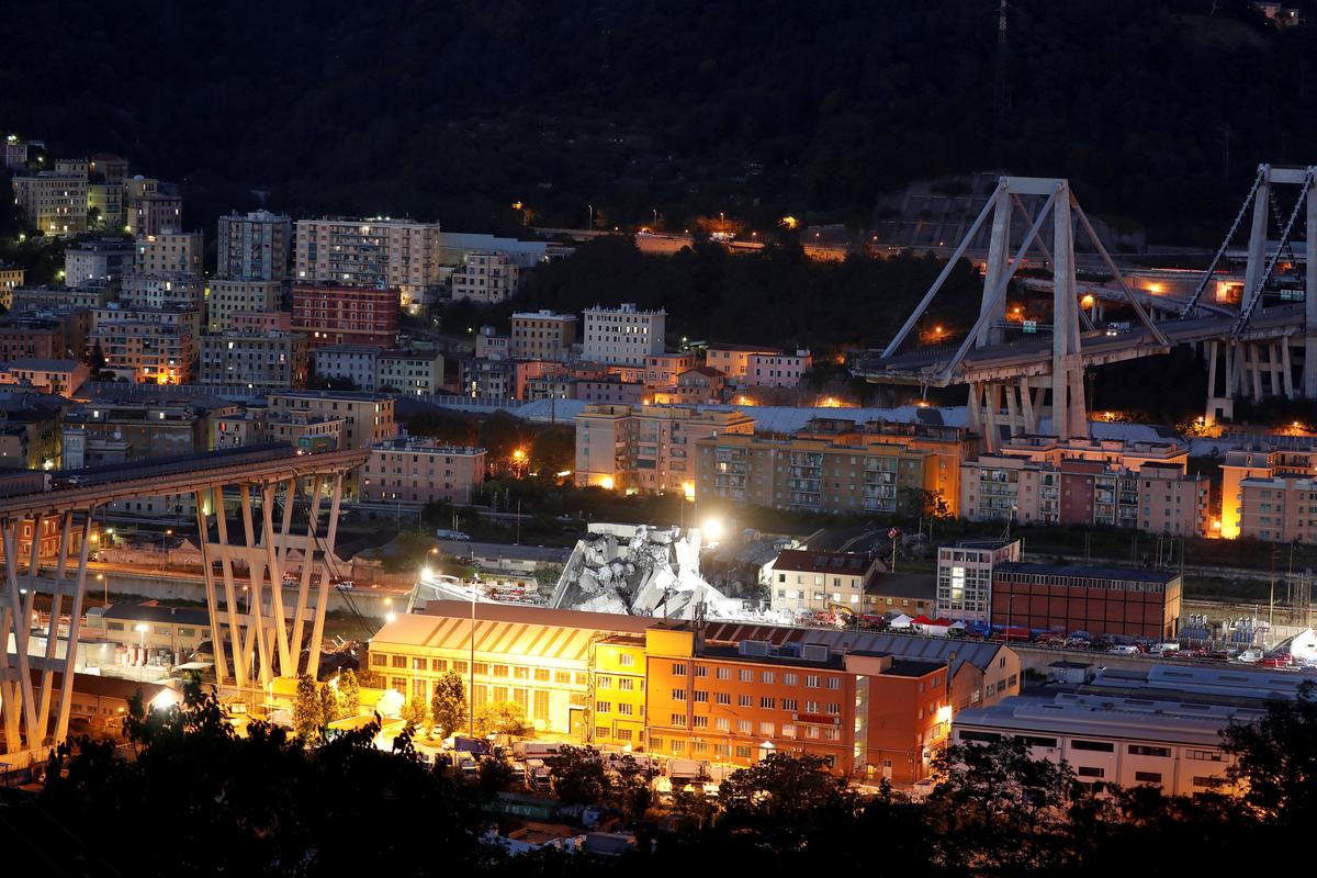A general view of the collapsed Morandi Bridge in the port city of Genoa, Italy on Aug. 14, 2018. (Reuters/Stefano Rellandini)