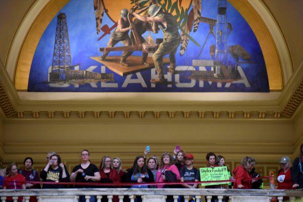 Teachers rally inside the state Capitol on the second day of a teacher walkout to demand higher pay and more funding for education in Oklahoma City, Okla. on April 3, 2018. (Reuters/Nick Oxford)