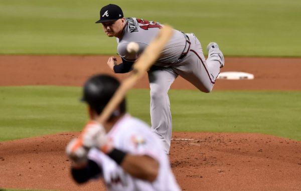 Atlanta Braves starting pitcher Sean Newcomb (15) delivers a pitch in the first inning to Miami Marlins left fielder Rafael Ortega (52). (Steve Mitchell/USA Today Sports)