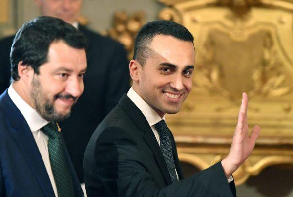 Italy’s Labor and Industry Minister and Deputy Prime Minister Luigi Di Maio (R) waves as he arrives with Interior Minister and the other Deputy Prime Minister Matteo Salvini for the swearing in ceremony of the new government in Rome on June 1, 2018. (Alberto Pizzoli/AFP/Getty Images)
