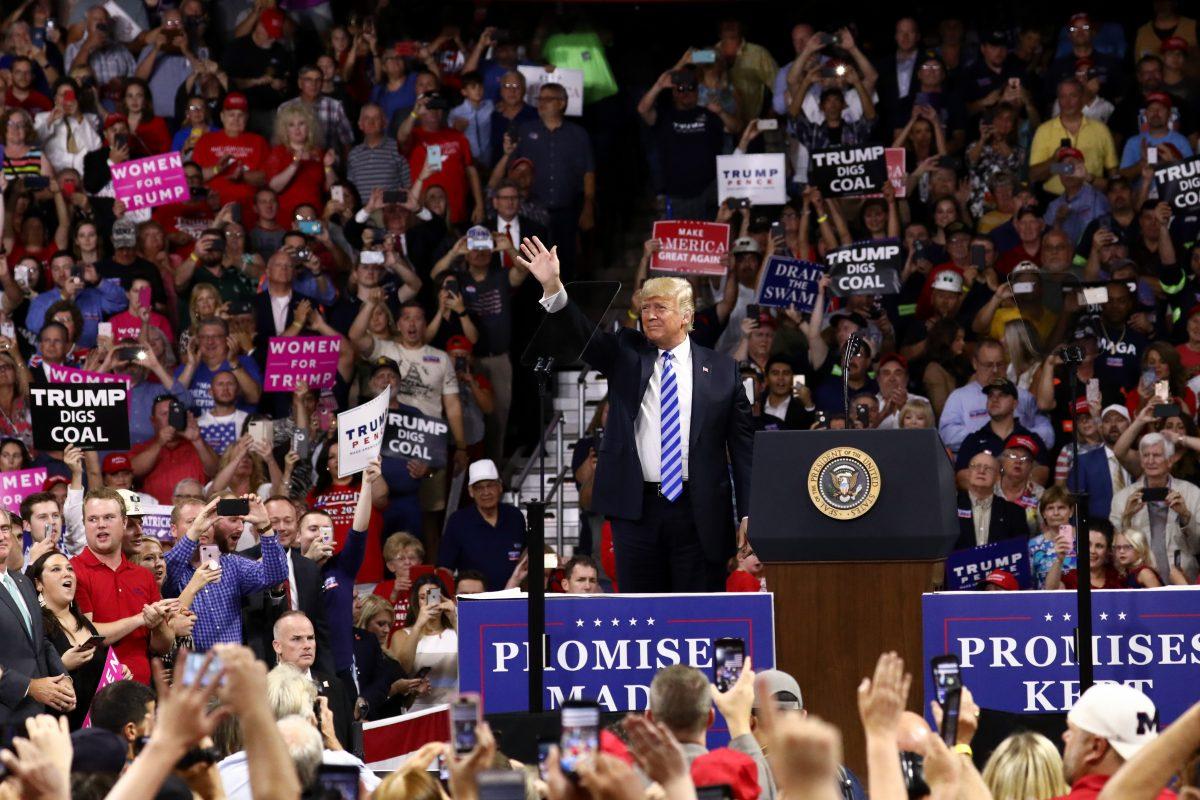 President Donald Trump at a Make America Great Again rally in Charleston, W. Va., on Aug. 21, 2018. (Charlotte Cuthbertson/The Epoch Times)