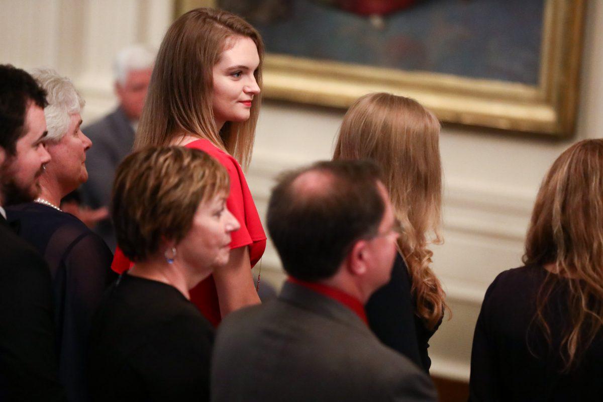 Brianna Chapman, the daughter of Air Force Tech. Sgt. John A. Chapman, attends the posthumous Medal of Honor ceremony for her father at the White House on Aug. 22, 2018. (Samira Bouaou/The Epoch Times)