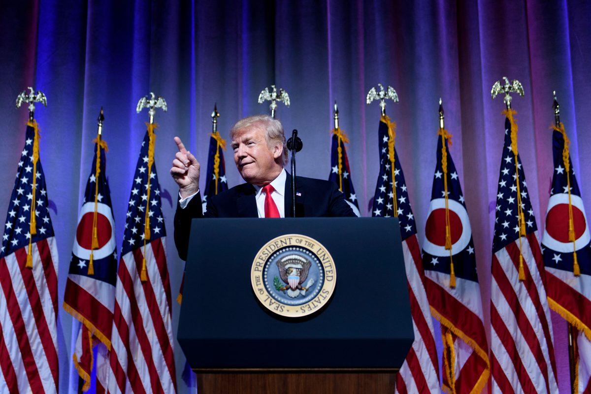 President Donald Trump speaks during the Ohio Republican Party State Dinner at the Greater Columbus Convention Center in Columbus, Ohio, on Aug. 24, 2018. (Brendan Smialowski/AFP/Getty Images)