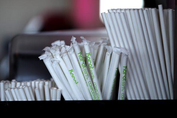 Paper straws sit on the bar at Fog Harbor Fish House in San Francisco, California, on June 21, 2018. (Justin Sullivan/Getty Images)