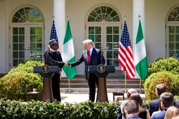 President Donald Trump hosts a joint press conference with President Muhammadu Buhari of the Federal Republic of Nigeria in the Rose Garden of the White House on April 30, 2018. (Samira Bouaou/Epoch Times)