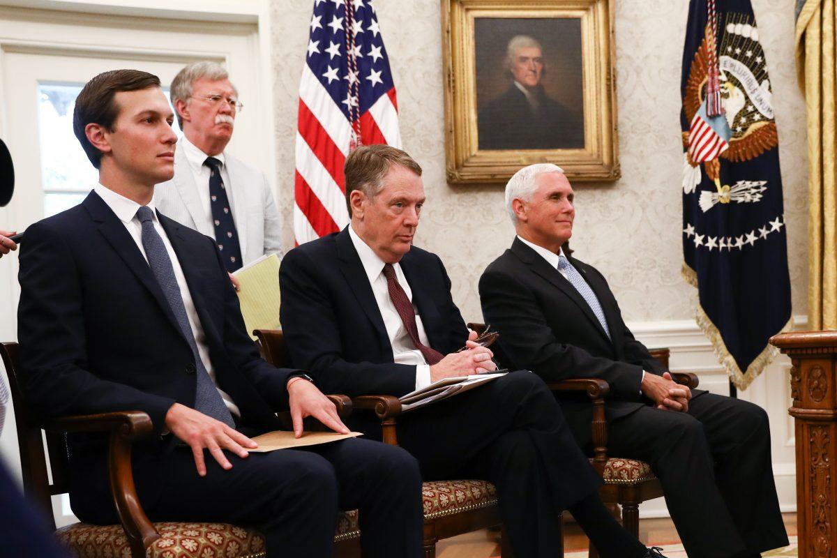 (L-R) Senior Advisor to the President Jared Kushner, National Security Advisor John Bolton, U.S. Trade Representative Robert Lighthizer, and Vice President Mike Pence attend an announcement by President Donald Trump that Mexico has agreed to enter into a new trade deal, in the Oval Office of the White House in Washington on Aug. 27, 2018. (Samira Bouaou/The Epoch Times)
