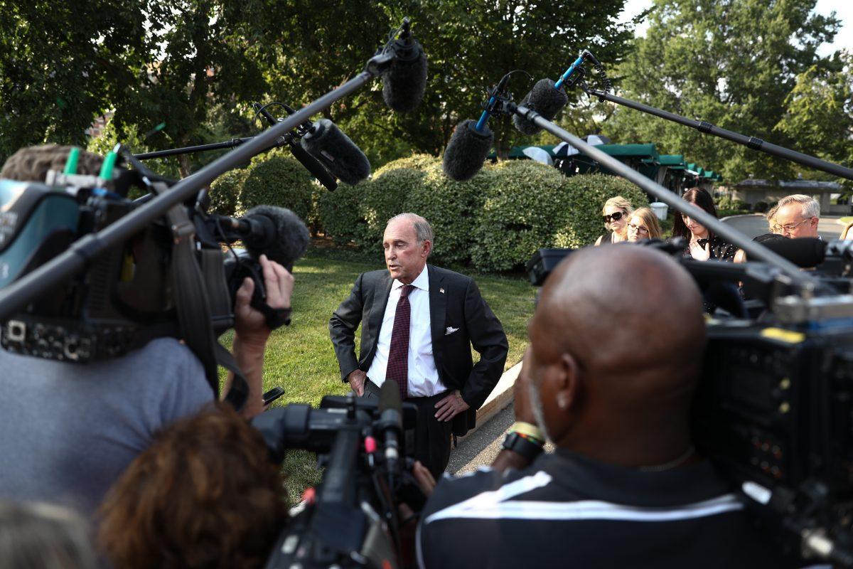 Director of the National Economic Council Larry Kudlow speaks to the media about trade with Mexico outside the West Wing of the White House in Washington on Aug. 27, 2018. (Samira Bouaou/The Epoch Times)