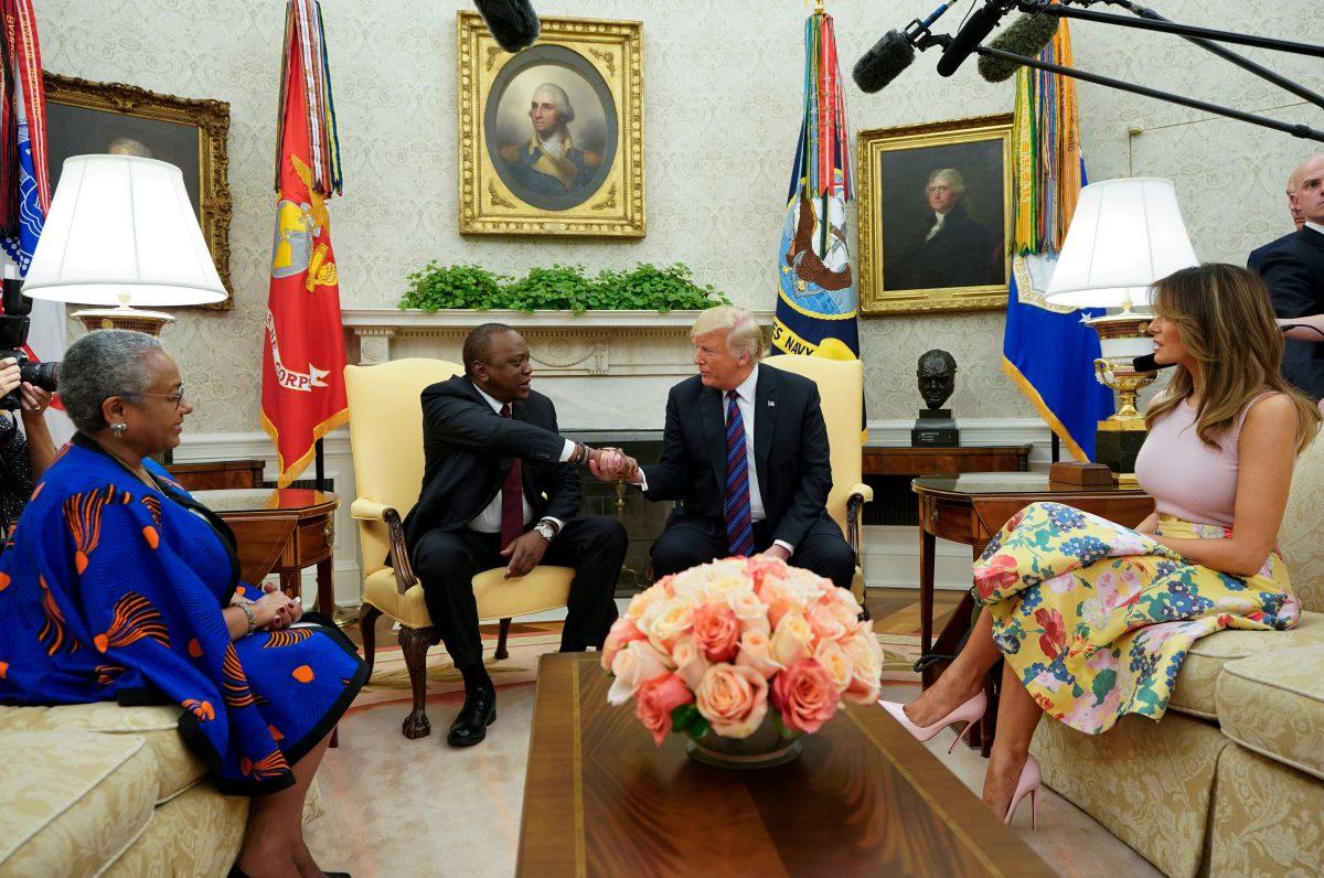 President Donald Trump and First Lady Melania Trump welcome Kenyan President Uhuru Kenyatta (2ndL) and his wife, Margaret Kenyatta (L), to the White House on Aug. 27, 2018. (MANDEL NGAN/AFP/Getty Images)