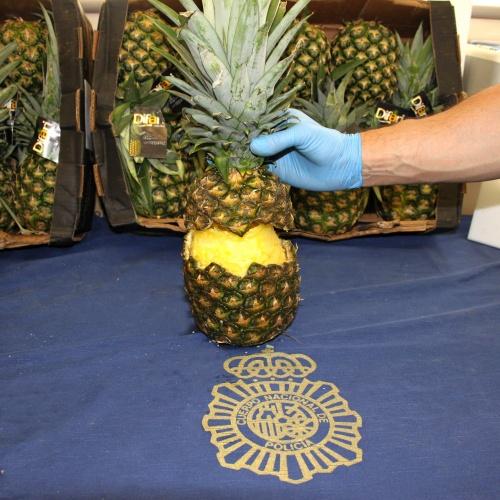 A hollowed-out pineapple containing cocaine, seized by Spanish police 26 Aug. 2018 in Madrid. Spain. (Policia National Espana)