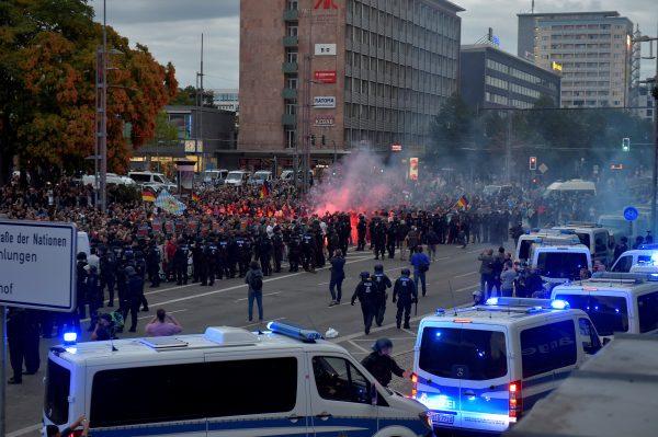 Police and demonstrators in Chemnitz, Germany, on Aug. 27, 2018. (Matthias Rietschel/Reuters)