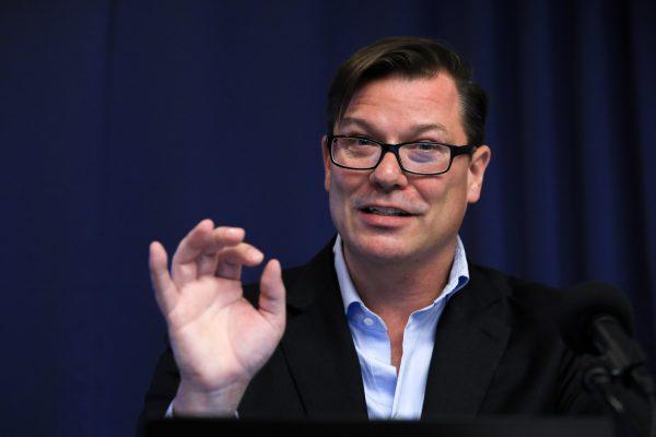 Cliff Young, president of Ipsos, speaks at a midterm election forecasting seminar at the National Press Club in Washington on Aug. 28, 2018. (Samira Bouaou/The Epoch Times)