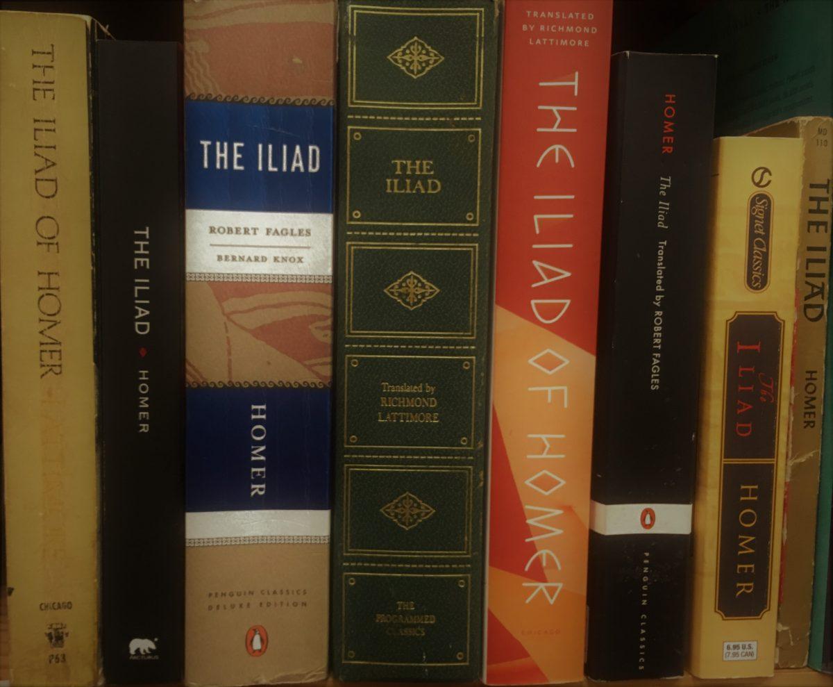 A sampling of translations and editions of the “Iliad” in English. (Pete Unseth/ CC BY-SA 4.0)