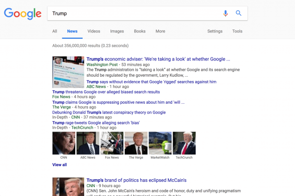 The first page results of "Trump" using Google's "News" tab on Tuesday, Aug. 28. (Screenshot Via Google)