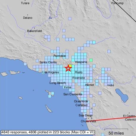 A map of La Verne that shows the intensity of the earthquake in different areas on Aug. 28, 2018. Darker colors representing a stronger intensity. (Screenshot/USGS)