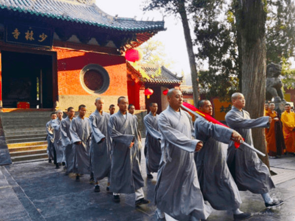 Shaolin Temple monks at the flag-raising ceremony. (Screenshot via Shaolin Temple website)