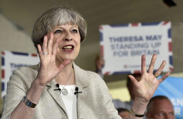 British Prime Minister Theresa May speaks during a campaign event at Thornhill Cricket and Bowling Club in Dewsbury, West Yorkshire, UK, on June 3, 2017. (Hannah McKay/AFP/Getty Images)
