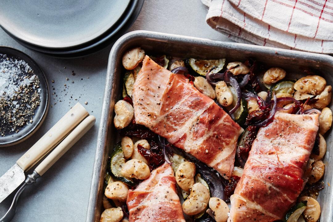 Prosciutto-Roasted Ruby Trout With Zucchini and Butter Beans