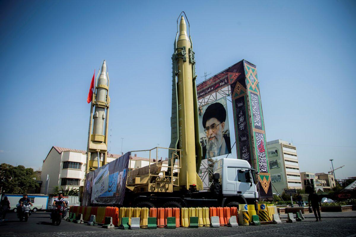 A display featuring missiles and a portrait of Iran's leader, Ayatollah Ali Khamenei, at Baharestan Square in Tehran, Iran, on Sept. 27, 2017. (Nazanin Tabatabaee Yazdi/TIMA via Reuters)
