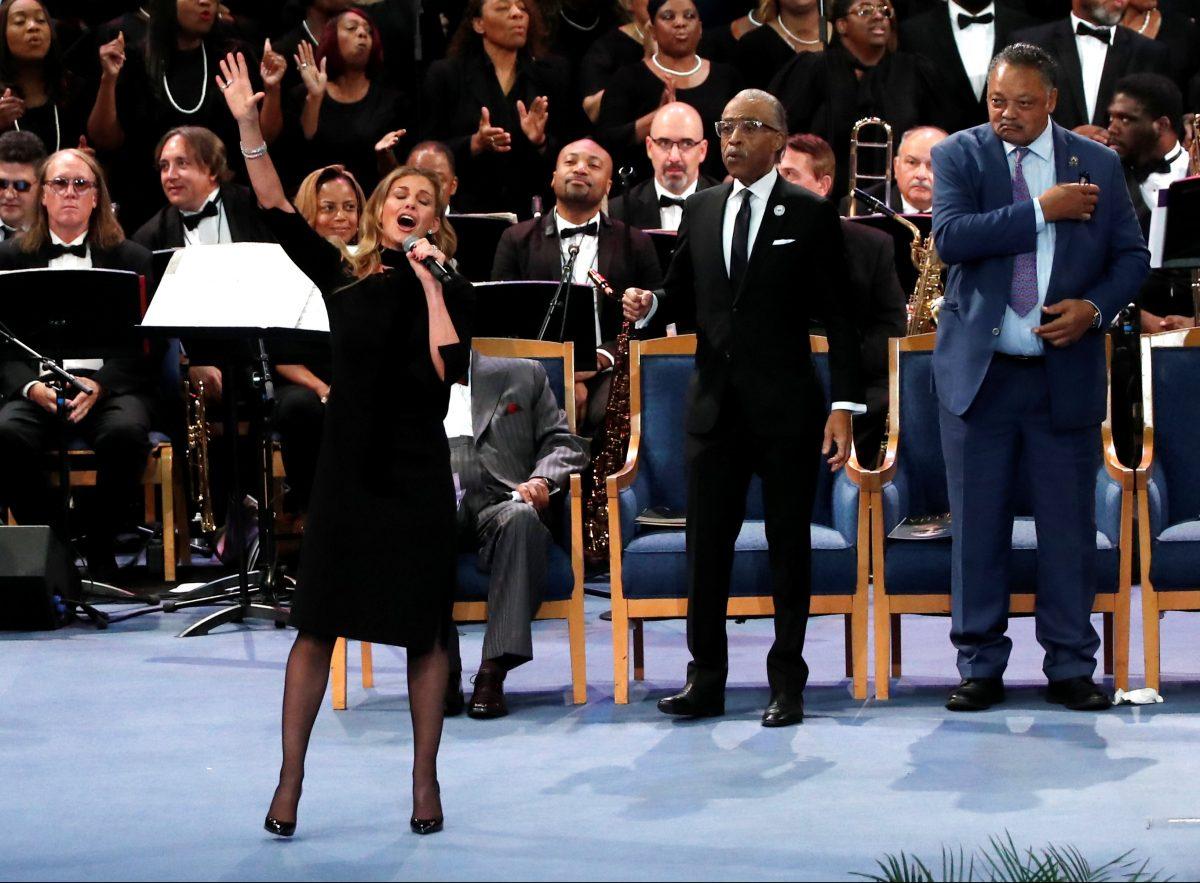 Singer Faith Hill performs at the funeral service for Aretha Franklin at the Greater Grace Temple in Detroit, Michigan, on Aug. 31, 2018. (Mike Segar/Reuters)