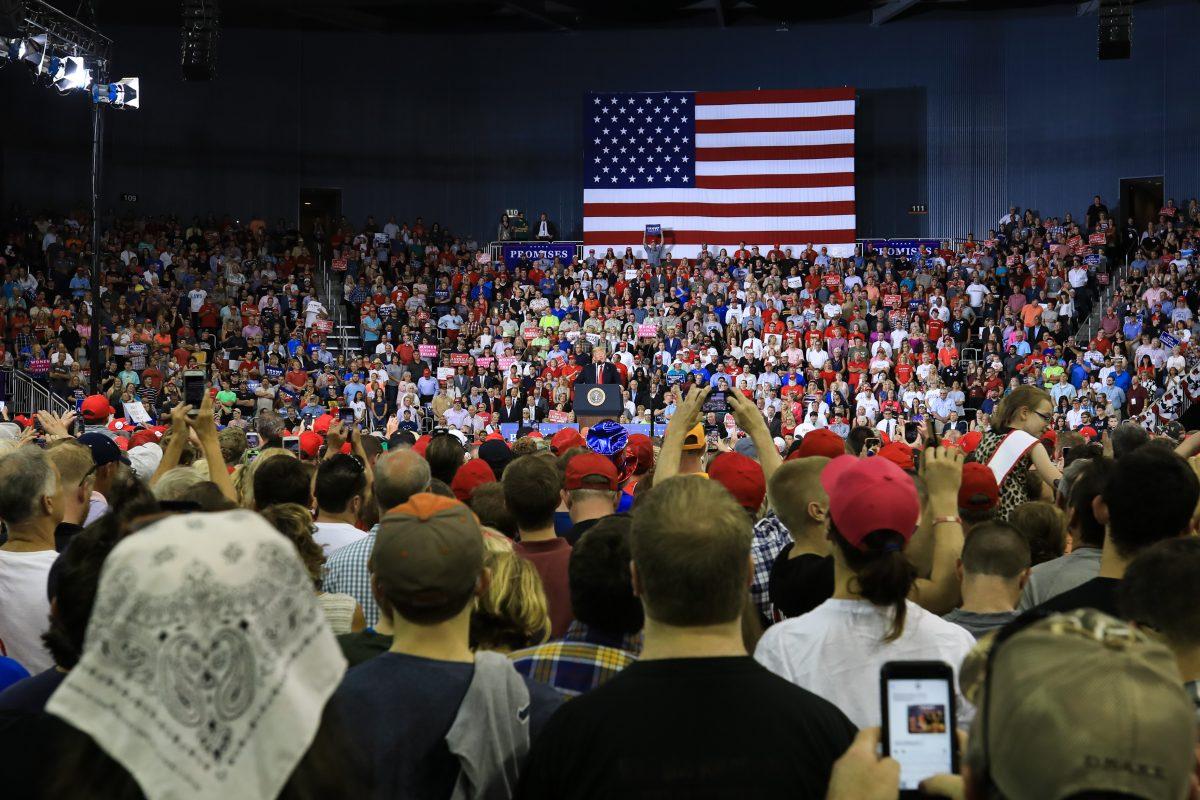 Audience members at President Donald Trump’s Make America Great Again rally in Evansville, Ind., on Aug. 30, 2018. (Charlotte Cuthbertson/The Epoch Times)