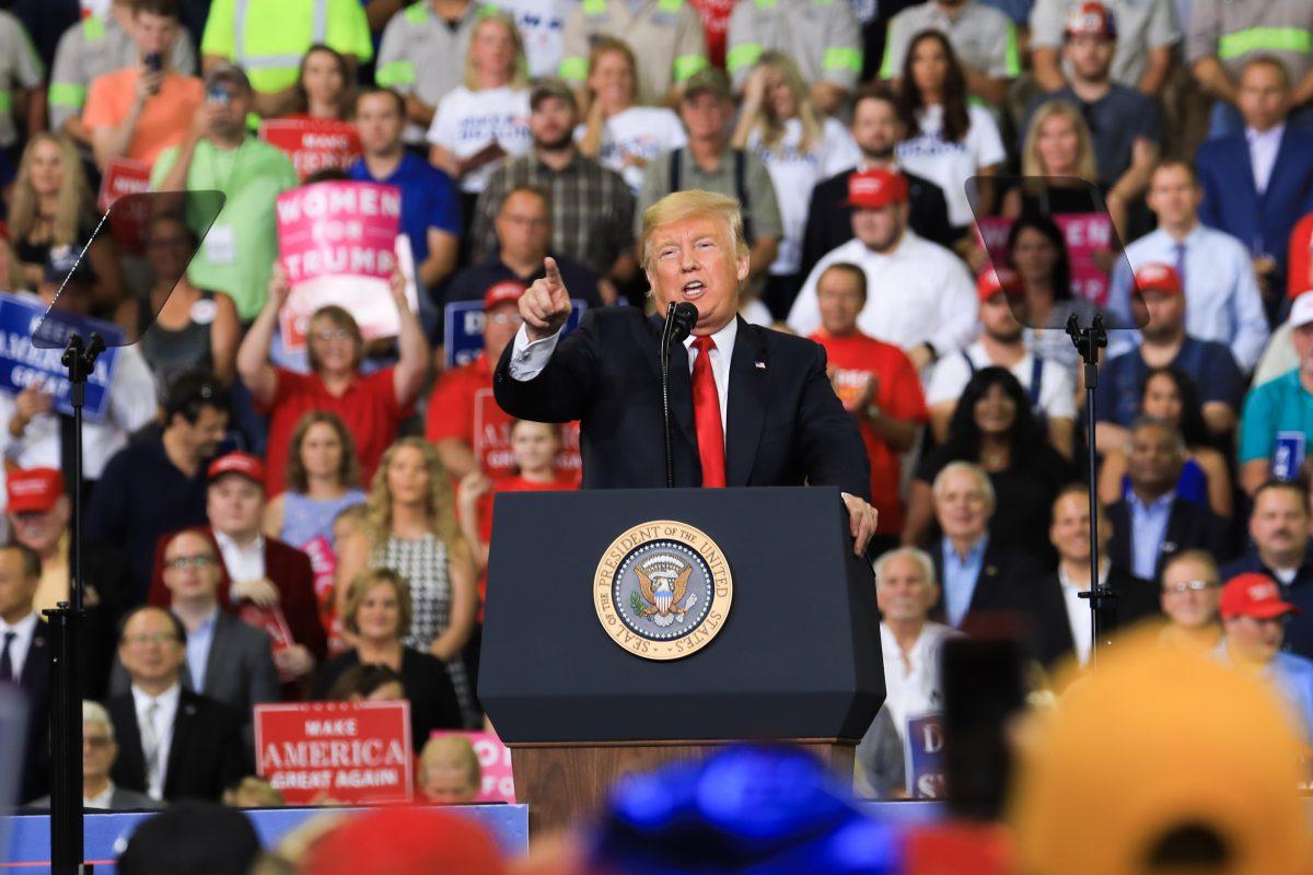 President Donald Trump at his Make America Great Again rally in Evansville, Ind., on Aug. 30, 2018. (Charlotte Cuthbertson/The Epoch Times)