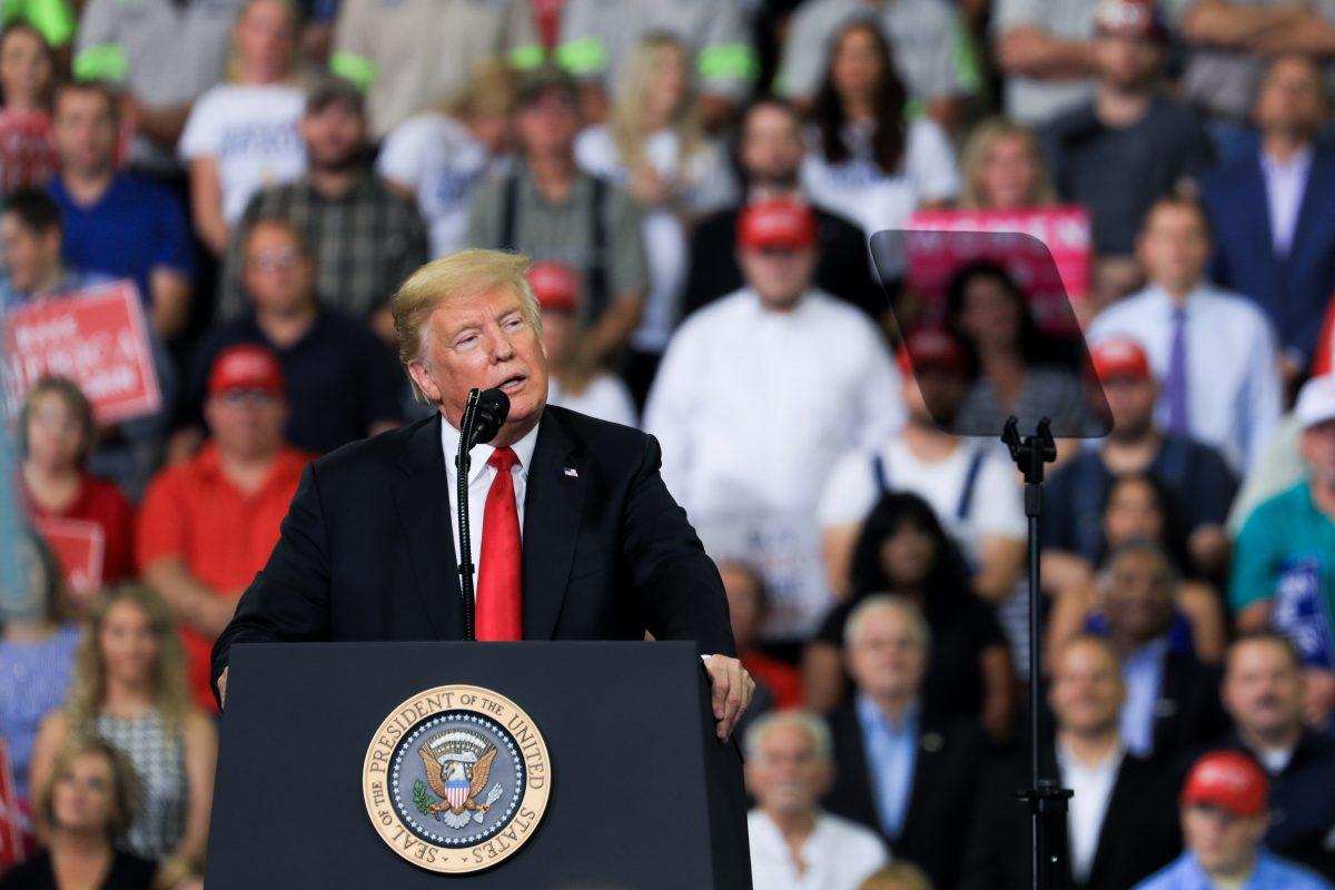 President Donald Trump at his Make America Great Again rally in Evansville, Ind., on Aug. 30, 2018. (Charlotte Cuthbertson/The Epoch Times)