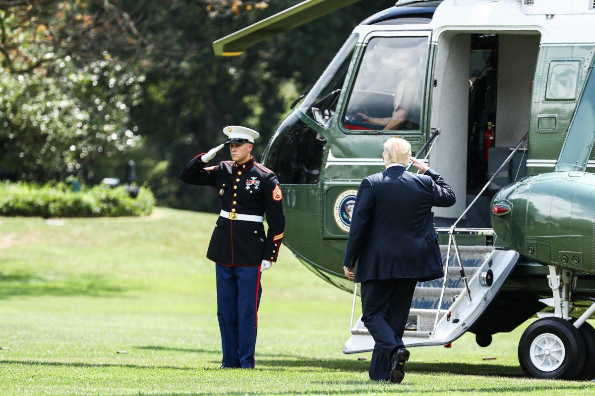President Donald Trump departs from the White House for a signing event on strengthening retirement security and a joint fundraising committee reception in Charlotte, N.C., on Aug. 31, 2018. (Samira Bouaou/The Epoch Times)